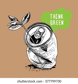 Crushed aluminum can and sprig. Vector illustration.