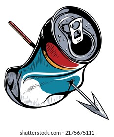 Crushed beer can vector illustration with a harpoon through it. Isolated on white background.