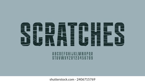 Crushed broken condensed font, dark gray narrow cracked alphabet, fragmented fragile letters and numbers, vector illustration 10EPS