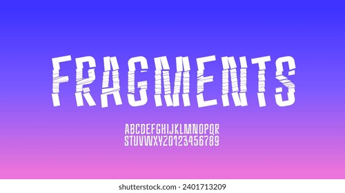 Crushed broken condensed font, narrow cracked alphabet, fragmented fragile letters and numbers, vector illustration 10EPS