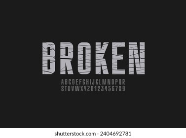 Crushed broken condensed font, narrow cracked alphabet, fragmented fragile letters and numbers, vector illustration 10EPS