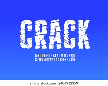 Crushed broken condensed font, white narrow cracked alphabet, fragmented fragile letters and numbers, vector illustration 10EPSм