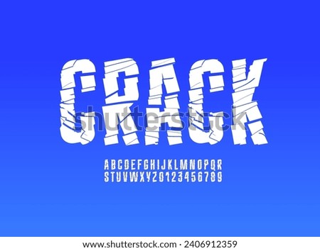 Crushed broken condensed font, white narrow cracked alphabet, fragmented fragile letters and numbers, vector illustration 10EPSм