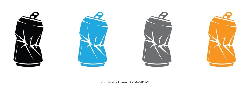 Icono de lata triturada. Conjunto de iconos de latas de refresco vacías. Latas de refresco trituradas en cuatro colores sobre fondo blanco. Ilustración de la lata de refresco triturado, arte gráfico retro blanco y negro audaz.