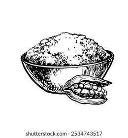 Crushed cardamom in a bowl. Vector graphics with the image of fragrant spices. A black and white hand-drawn illustration. On a white background. Great for cooking recipes, menus, posters or labels.
