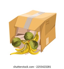 Caja de cartón triturada con ilustración vectorial de frutos de moho magullados en caída. Caricatura: embalaje abierto aislado de cartón con daños y manzanas y plátanos podridos en bruto, caja de alimentos dañada y fallo de almacenamiento