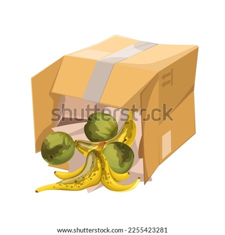 Crushed cardboard box with falling bruised moldy fruit vector illustration. Cartoon isolated carton open packaging with damage and raw rotten apples and bananas, damaged food box and storage fail