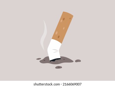 Un cigarrillo roto en el suelo, hábitos poco saludables, un concepto de fumar
