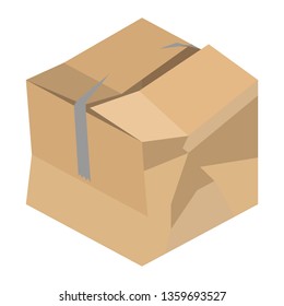 Crushed And Damaged Isometric Vector Cardboard Packaging Box With Broken Tape