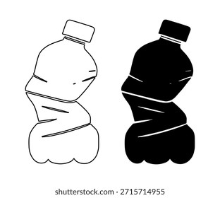 Icono de botella de plástico triturado en estilo plano blanco y negro. Símbolo de reciclaje y residuos. Aislado sobre fondo transparente.