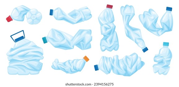 Crushed plastic bottles. Cartoon broken, crumpled empty water bottles, plastic trash bottles for recycling flat vector illustration set. Crumpled plastic containers