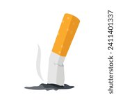 Crushed smoked cigarette butt. Burnt cigarette butt isolated on white background. Vector illustration