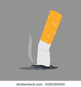 Crushed smoked cigarette butt. Burnt cigarette butt. Vector illustration