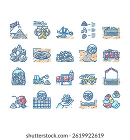 Crushed Stone Mining Collection doodle icons set vector. Heavy Machinery Excavator, Dump Truck Railway Carriage, Stone Mine Equipment sketch hand drawn