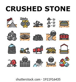 Crushed Stone Mining Collection Icons Set Vector. Heavy Machinery And Excavator, Dump Truck And Railway Carriage, Stone Mine Equipment Concept Linear Pictograms. Contour Color Illustrations