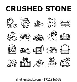 Crushed Stone Mining Collection Icons Set Vector. Heavy Machinery And Excavator, Dump Truck And Railway Carriage, Stone Mine Equipment Black Contour Illustrations