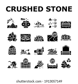 Crushed Stone Mining Collection Icons Set Vector. Heavy Machinery And Excavator, Dump Truck And Railway Carriage, Stone Mine Equipment Glyph Pictograms Black Illustrations