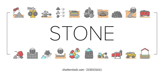 Piedra aplastada Colección Iconos Set Vector. Maquinaria Pesada Y Excavadora, Camión Volcado Y Transporte Ferroviario, Equipo De Minas De Piedra Concepto Pictogramas Lineales. Ilustraciones de color de contorno