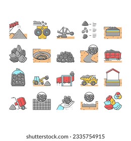 Crushed Stone Mining Collection Icons Set Vector. Heavy Machinery And Excavator, Dump Truck And Railway Carriage, Stone Mine Equipment Concept Linear Pictograms. Contour Color Illustrations