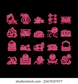 Crushed Stone Mining neon light sign vector. Heavy Machinery And Excavator, Dump Truck And Railway Carriage, Stone Mine Equipment Illustrations