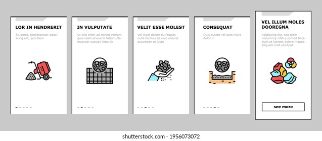 Crushed Stone Mining Onboarding Mobile App Page Screen Vector. Heavy Machinery And Excavator, Dump Truck And Railway Carriage, Stone Mine Equipment Illustrations