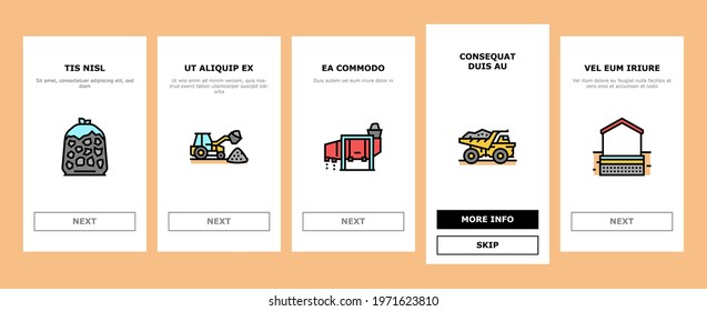 Crushed Stone Mining Onboarding Mobile App Page Screen Vector. Heavy Machinery And Excavator, Dump Truck And Railway Carriage, Stone Mine Equipment Illustrations