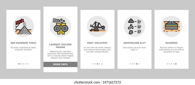 Crushed Stone Mining Onboarding Mobile App Page Screen Vector. Heavy Machinery And Excavator, Dump Truck And Railway Carriage, Stone Mine Equipment Illustrations