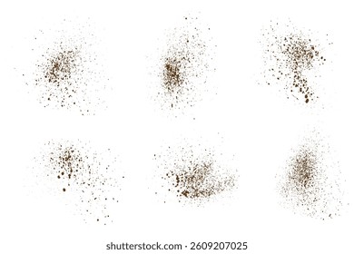 Crushed vector chocolate powder flying coffee dust grain grunge texture isolated dust particles illustration set