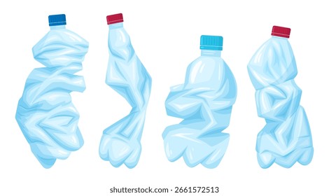 Botellas de agua trituradas. Botellas de plástico vacías arrugadas, botellas de basura de plástico para reciclar el juego de Ilustración vectorial plana. Envases de agua plásticos rotos de la historieta