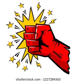 Crushing blow fist,  strong punch drawn in comic style. Fist punching, hit strong fist. Vector on transparent background