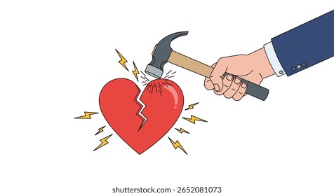 Esmagar um coração partido com um martelo simbolizando dor intensa e sofrimento emocional