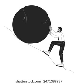 Crushing reality black and white cartoon flat illustration. African american man pushing rock uphill 2D lineart character isolated. Fighting unemployment monochrome scene vector outline image