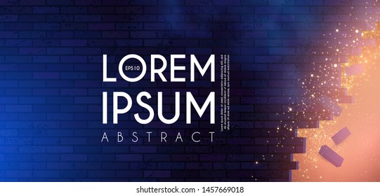 Crushing surface. Abstract geometric and futuristic space background. Broken brick wall with lights. 3D game design template.