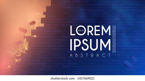 Crushing surface. Abstract geometric and futuristic space background. Broken brick wall with lights. 3D game design template.