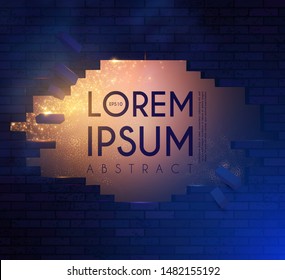 Crushing surface. Abstract geometric and futuristic space background. Broken brick wall with lights. 3D game design template.