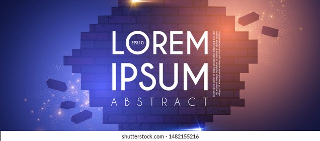 Crushing surface. Abstract geometric and futuristic space background. Broken brick wall with lights. 3D game design template.