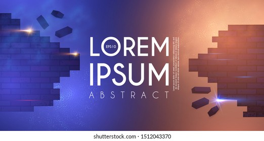 Crushing surface. Abstract geometric and futuristic space background. Broken brick wall with lights. 3D game design template.