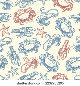 crustacean animals colorful pattern seamless shrimps with crayfish and crabs for grunge style seafood shop decorations vector illustration