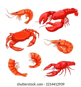 Crustacean sea animals set vector illustration. Cartoon isolated seafood restaurant or shop menu collection with male and female shrimp crab lobster crayfish crawfish, gourmet food ingredients