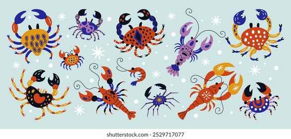 Crustaceans doodle. Sea lobster. Crab or crayfish. Vintage dish pattern. Gourmet seafood restaurant. Luxury food. Retro label with water animal. Color prawn. Vector art tidy cartoon characters set