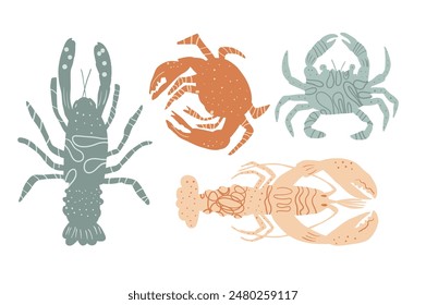 Crustaceans isolated on white background. Marine animals and underwater life. Set of stylized lobsters, crabs and crawfish. Vector hand drawn flat collection illustration.