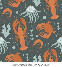 Crustaceans and marine life seamless pattern. Underwater world repeat background. Lobster, shrimps, coral reefs and crabs with jellyfish. Vector hand drawn illustration.