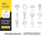 Crustaceans and mollusks set line icons in vector, seafood editable stroke. Mussels and clam, crayfish and scallops, langoustines and lobster, oysters and crab, shrimp