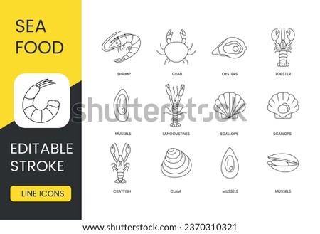 Crustaceans and mollusks set line icons in vector, seafood editable stroke. Mussels and clam, crayfish and scallops, langoustines and lobster, oysters and crab, shrimp [[stock_photo]] © 