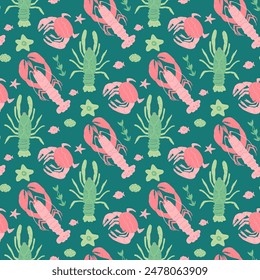 Crustaceans seamless pattern. Underwater world endless background. Lobster, crabs and crawfish repeat cover. Vector hand drawn illustration.