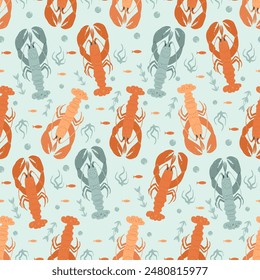 Crustaceans seamless pattern. Underwater world repeated background. Lobster and crawfishes. Vector hand drawn flat illustration.