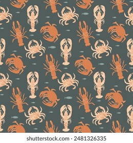 Crustaceans seamless pattern. Underwater world endless background. Lobster, crabs and crayfish. Vector hand drawn illustration.