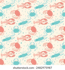 Crustaceans seamless pattern. Underwater world endless background. Lobster, crabs and crayfish. Vector hand drawn flat illustration.