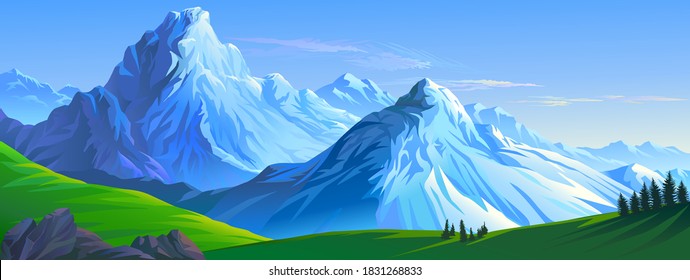 Crusty ice surface of the mountains with beautiful meadows and ranges of hills