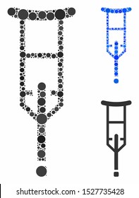 Crutch composition of circle elements in variable sizes and color tints, based on crutch icon. Vector round elements are united into blue illustration. Dotted crutch icon in usual and blue versions.